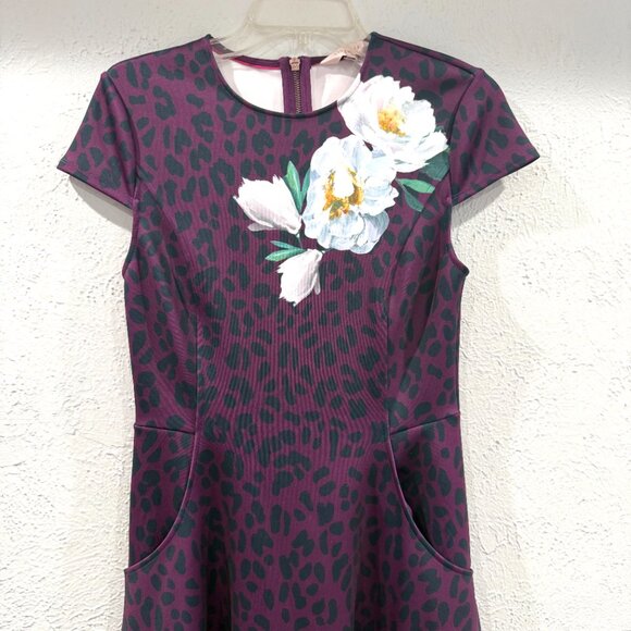 Ted Baker Animal And Floral Print Skater Dress Purple Size XS Size 1 TB - Picture 6 of 17